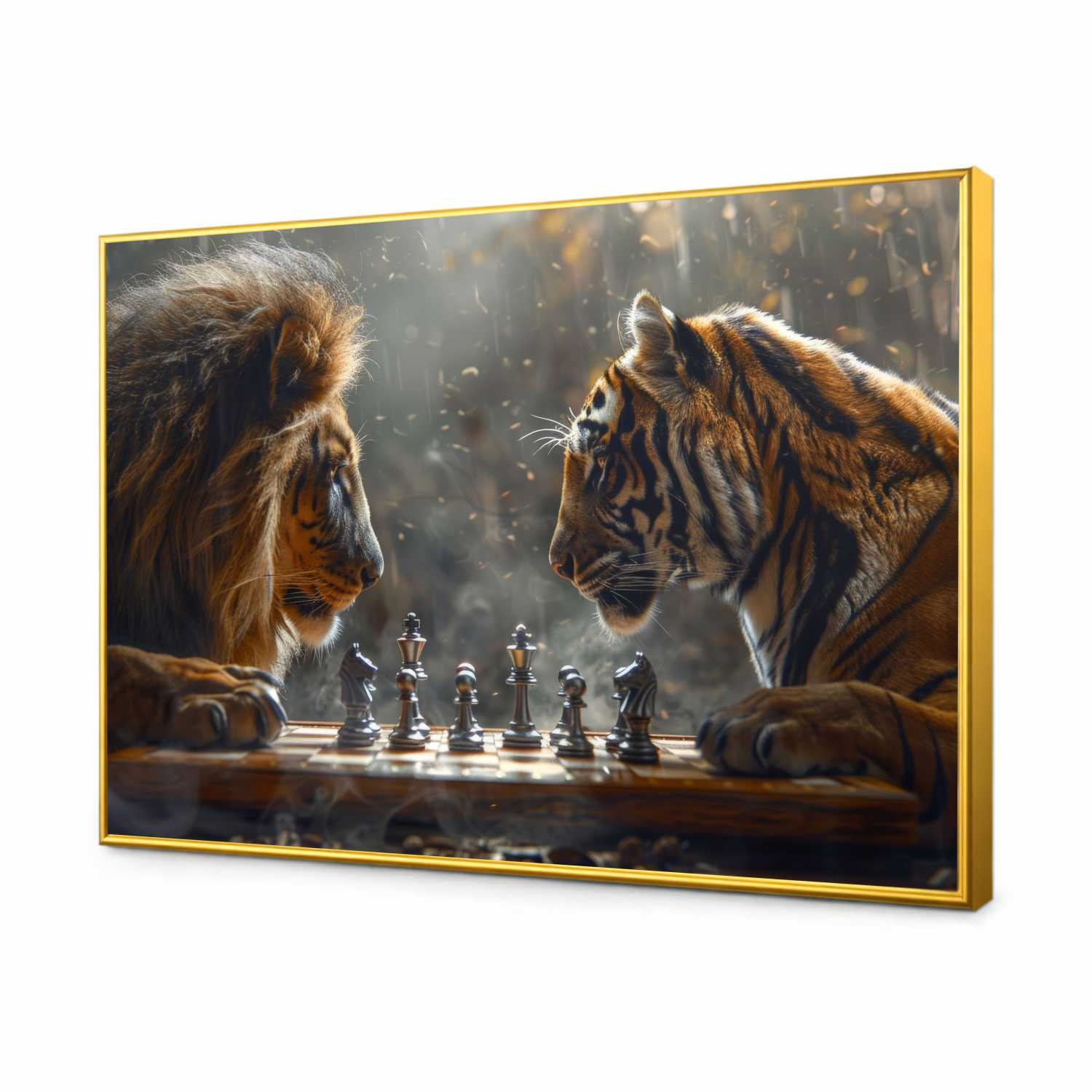 Quadro Decorativo Leão vs Tigre Jogando Xadrez 